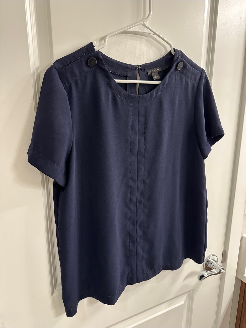 Ann Taylor Navy Short-Sleeve Crewneck Blouse - women’s medium